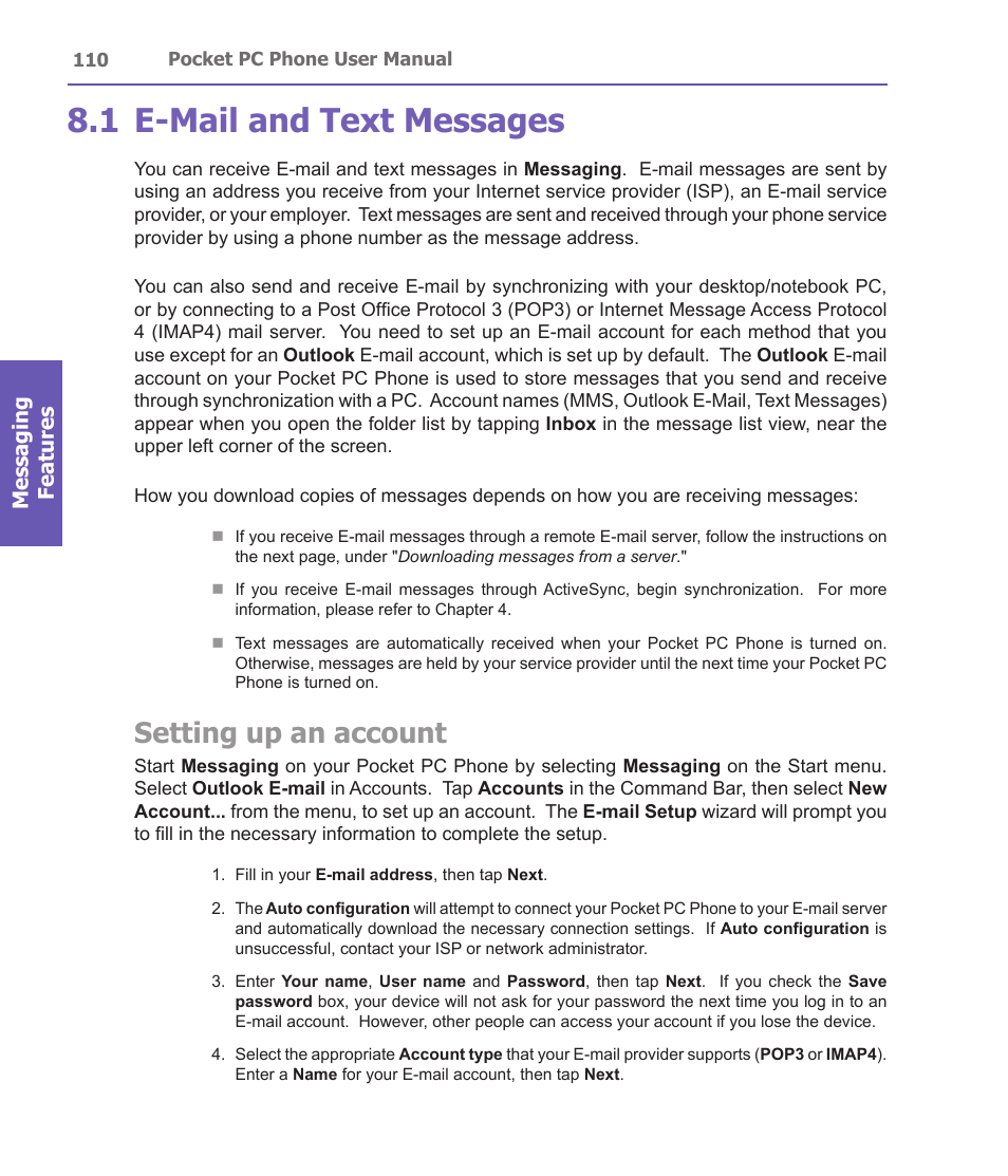 1 e-mail and text messages, Setting up an account | i-mate PDA2 User Manual | Page 110 / 177