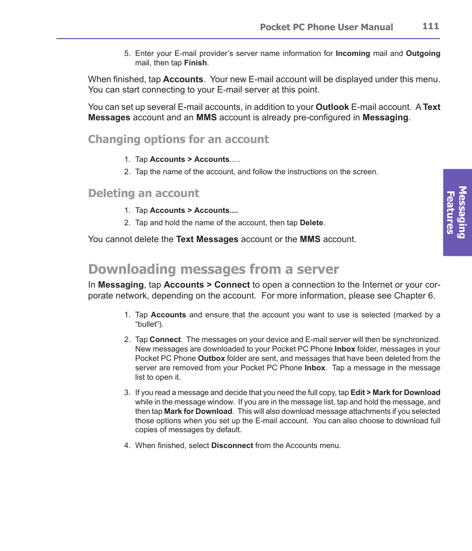 Downloading messages from a server, Changing options for an account, Deleting an account | Messaging features | i-mate PDA2 User Manual | Page 111 / 177