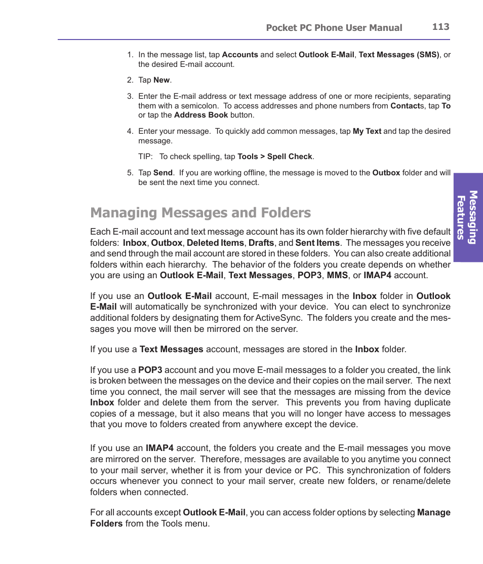 Managing messages and folders | i-mate PDA2 User Manual | Page 113 / 177