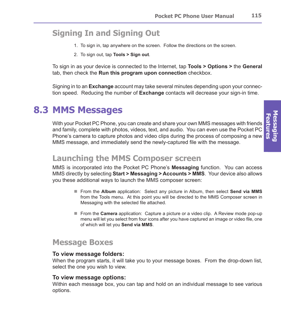 3 mms messages, Signing in and signing out, Launching the mms composer screen | Message boxes | i-mate PDA2 User Manual | Page 115 / 177