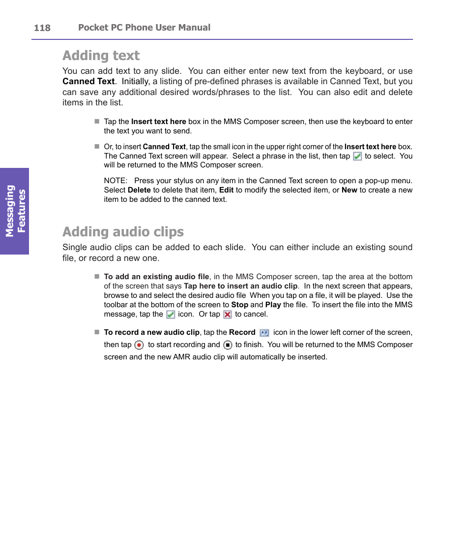 Adding text, Adding audio clips, Messaging features | i-mate PDA2 User Manual | Page 118 / 177