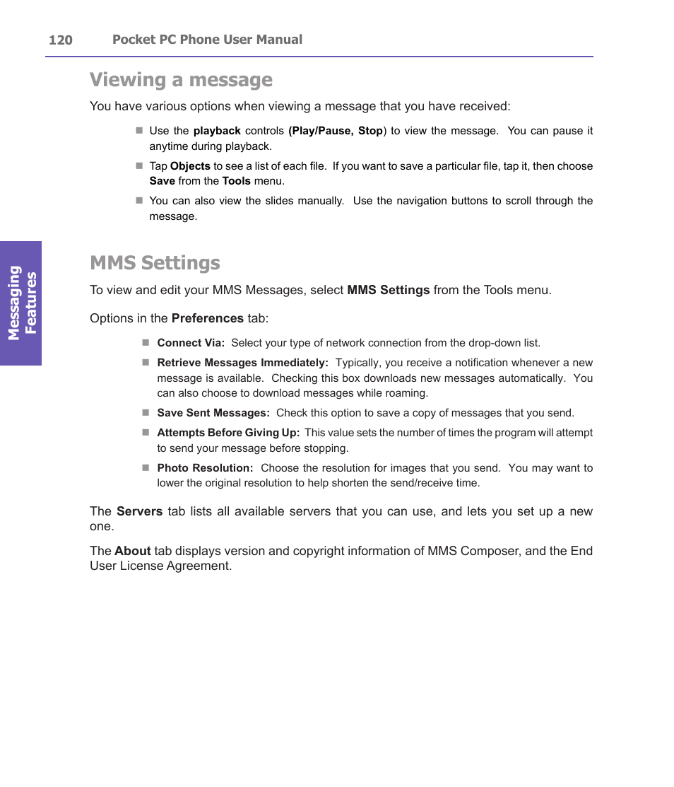 Viewing a message, Mms settings, Messaging features | i-mate PDA2 User Manual | Page 120 / 177