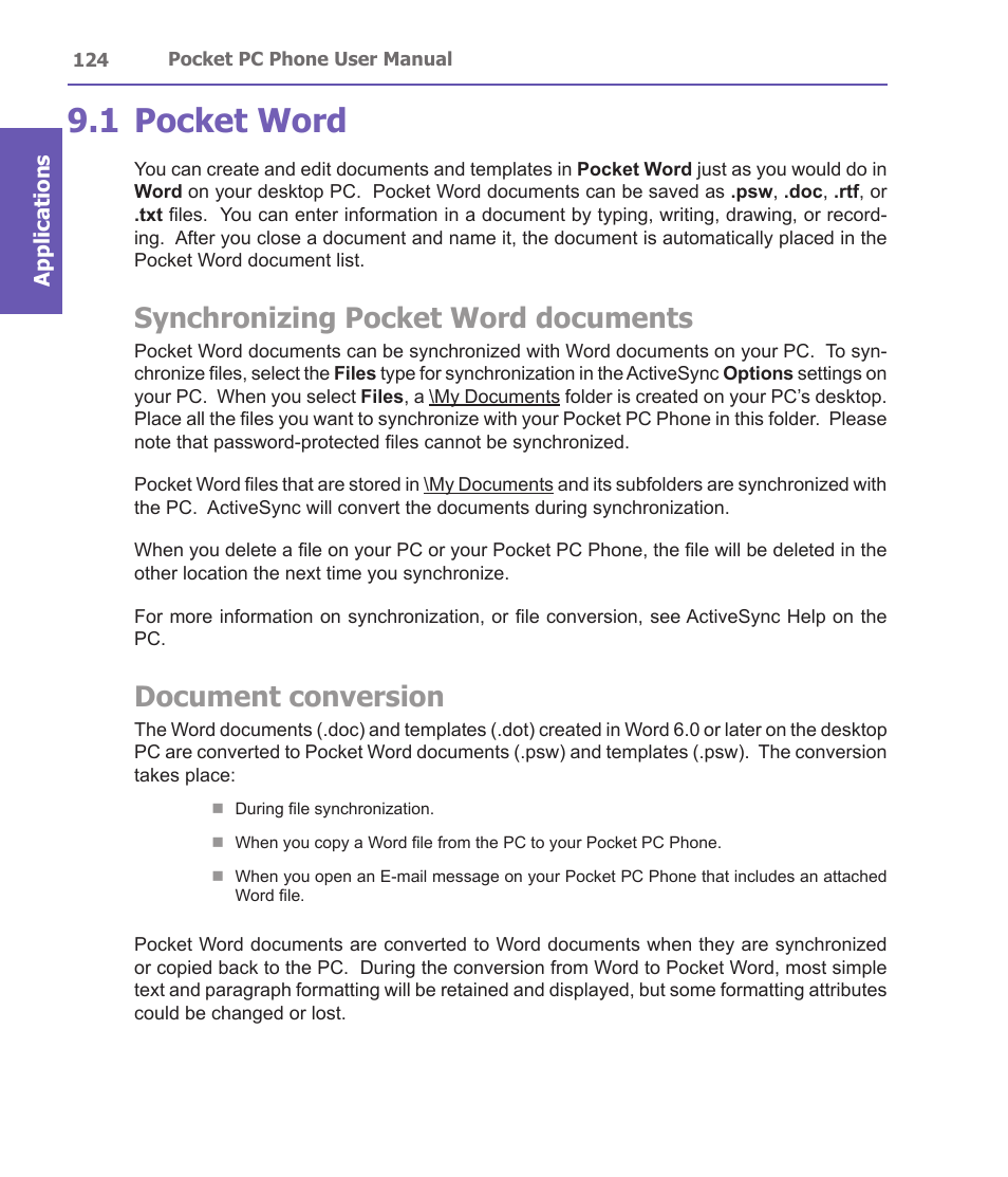 1 pocket word, Synchronizing pocket word documents, Document conversion | i-mate PDA2 User Manual | Page 124 / 177