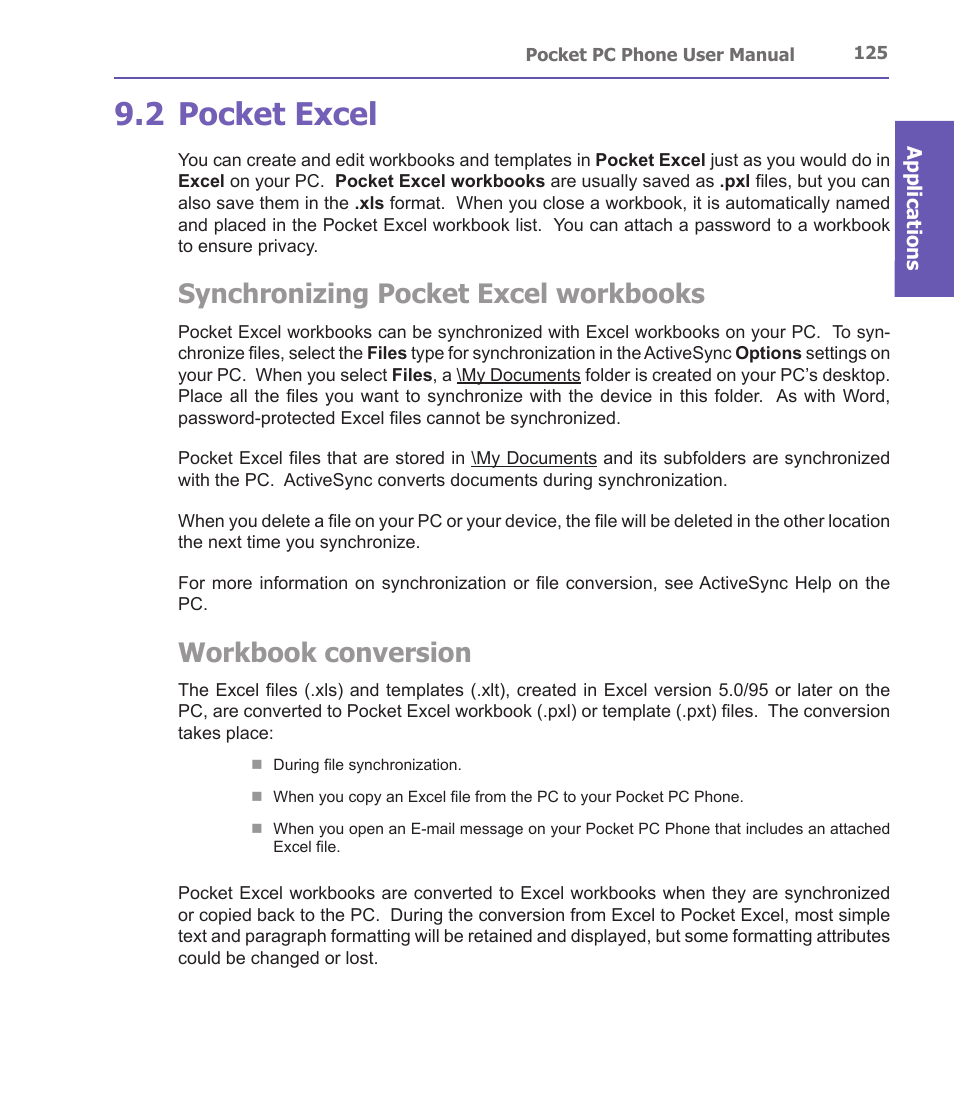 2 pocket excel, Synchronizing pocket excel workbooks, Workbook conversion | i-mate PDA2 User Manual | Page 125 / 177