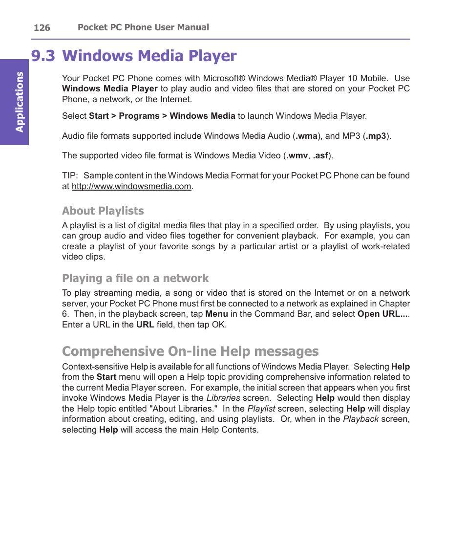 3 windows media player, Comprehensive on-line help messages, About playlists | Playing a file on a network | i-mate PDA2 User Manual | Page 126 / 177