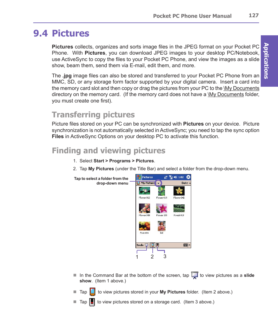 4 pictures, Transferring pictures, Finding and viewing pictures | i-mate PDA2 User Manual | Page 127 / 177