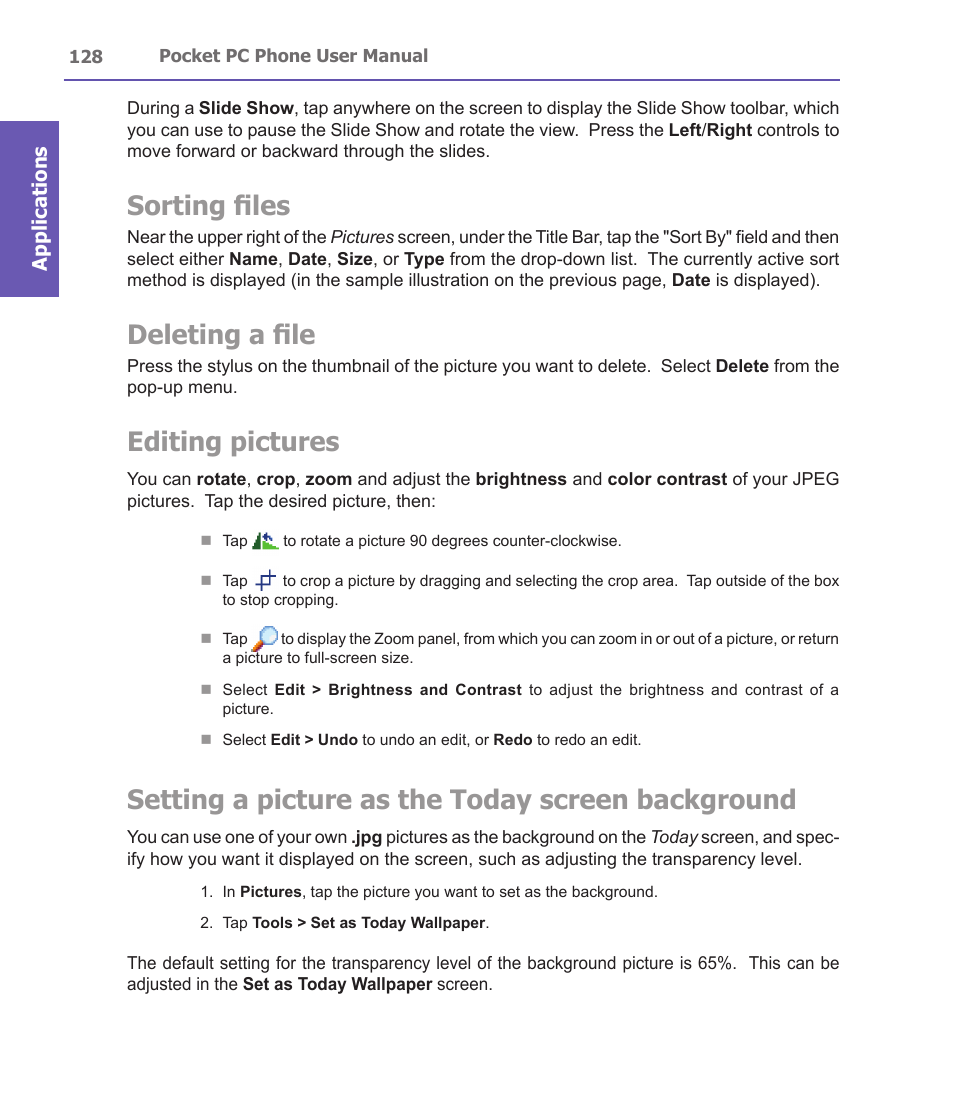 Sorting files, Deleting a file, Editing pictures | Setting a picture as the today screen background | i-mate PDA2 User Manual | Page 128 / 177