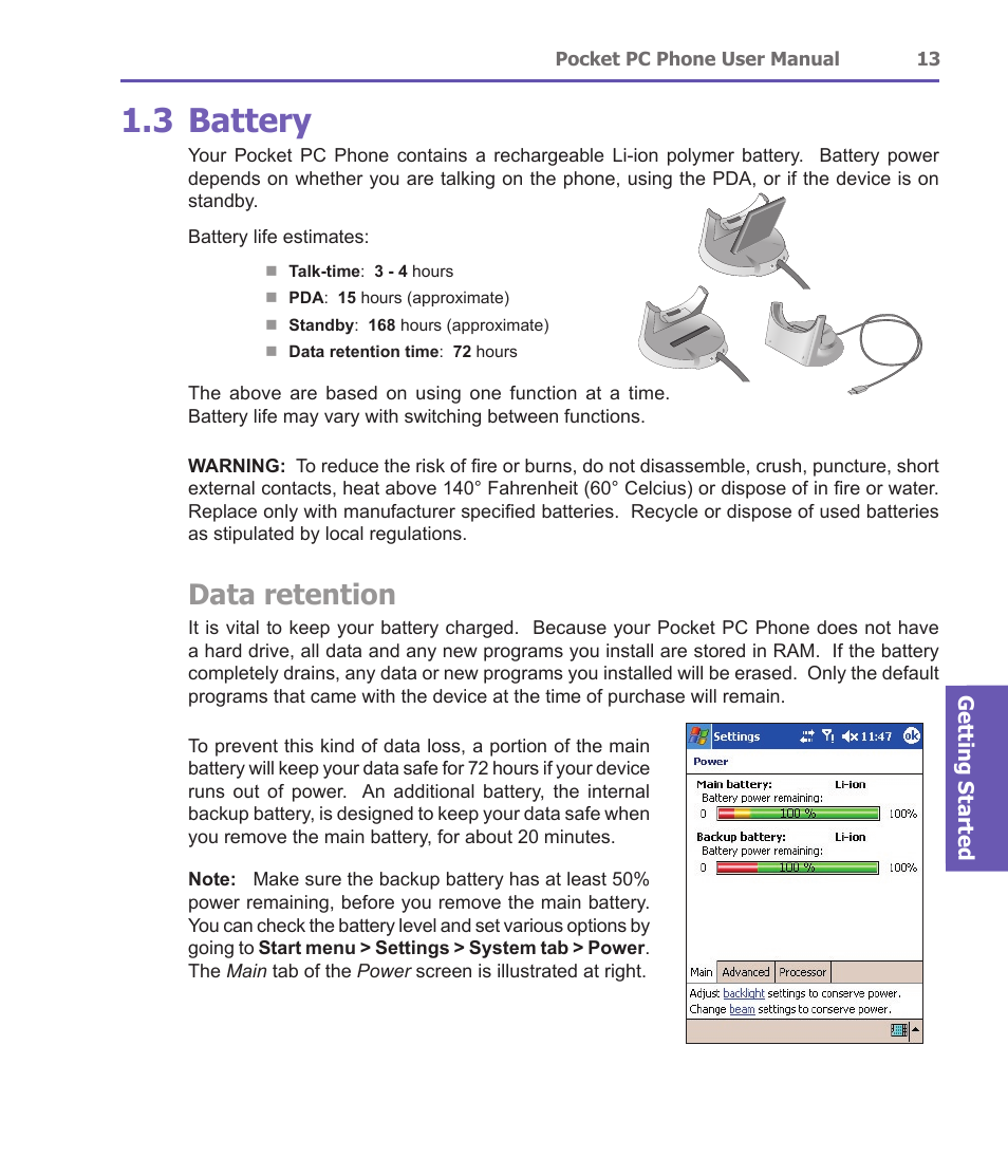 3 battery, Data retention | i-mate PDA2 User Manual | Page 13 / 177