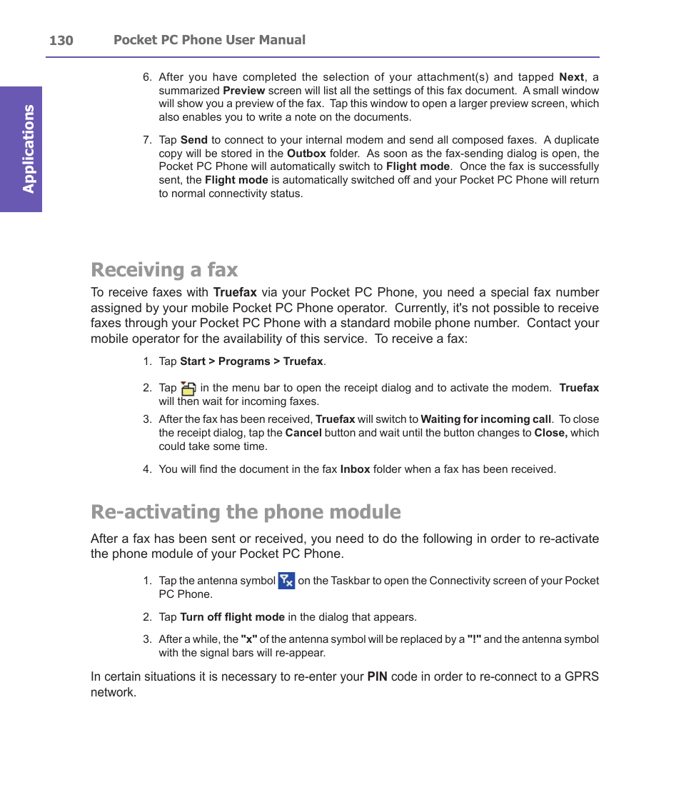 Receiving a fax, Re-activating the phone module, Applications | i-mate PDA2 User Manual | Page 130 / 177