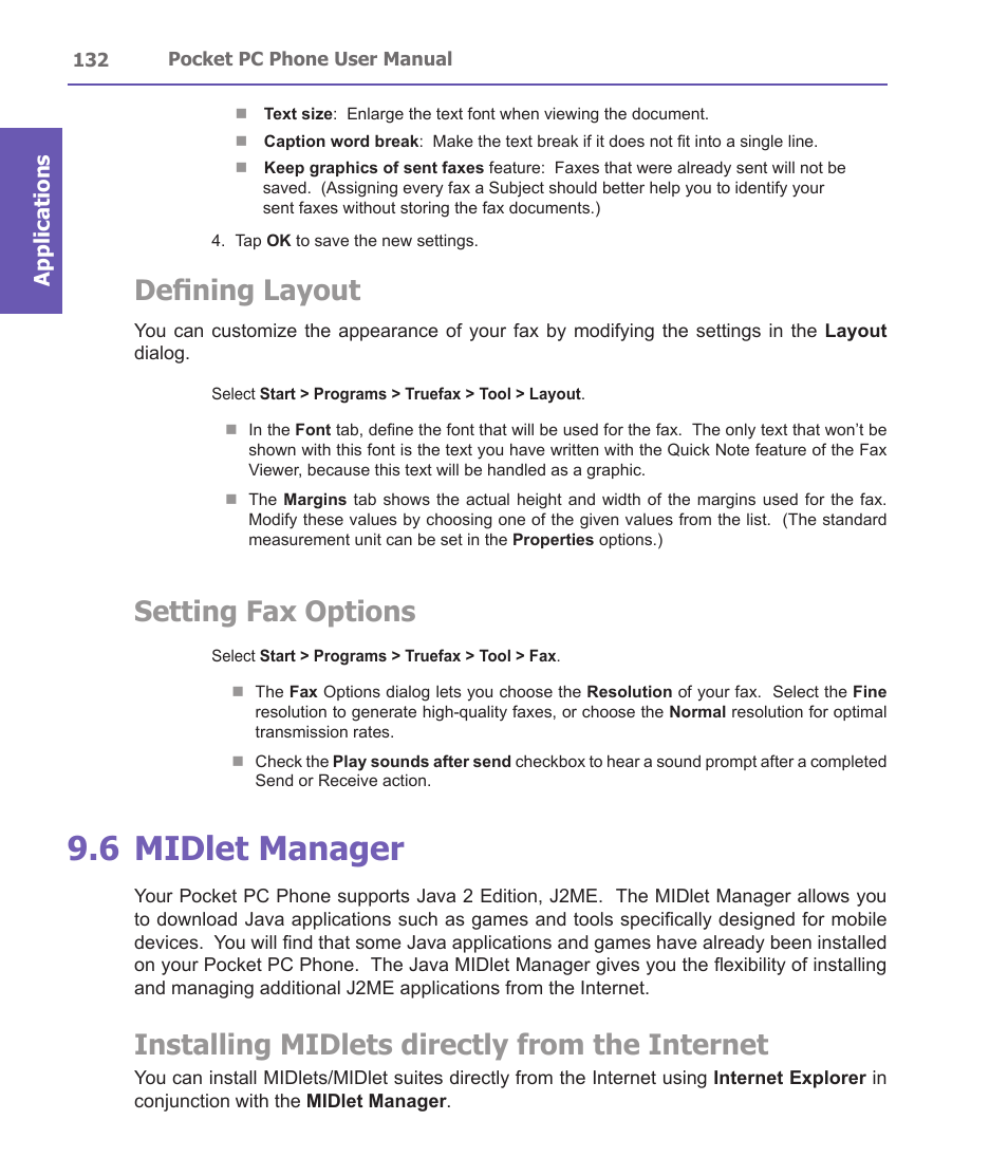 6 midlet manager, Defining layout, Setting fax options | Installing midlets directly from the internet, Applications | i-mate PDA2 User Manual | Page 132 / 177