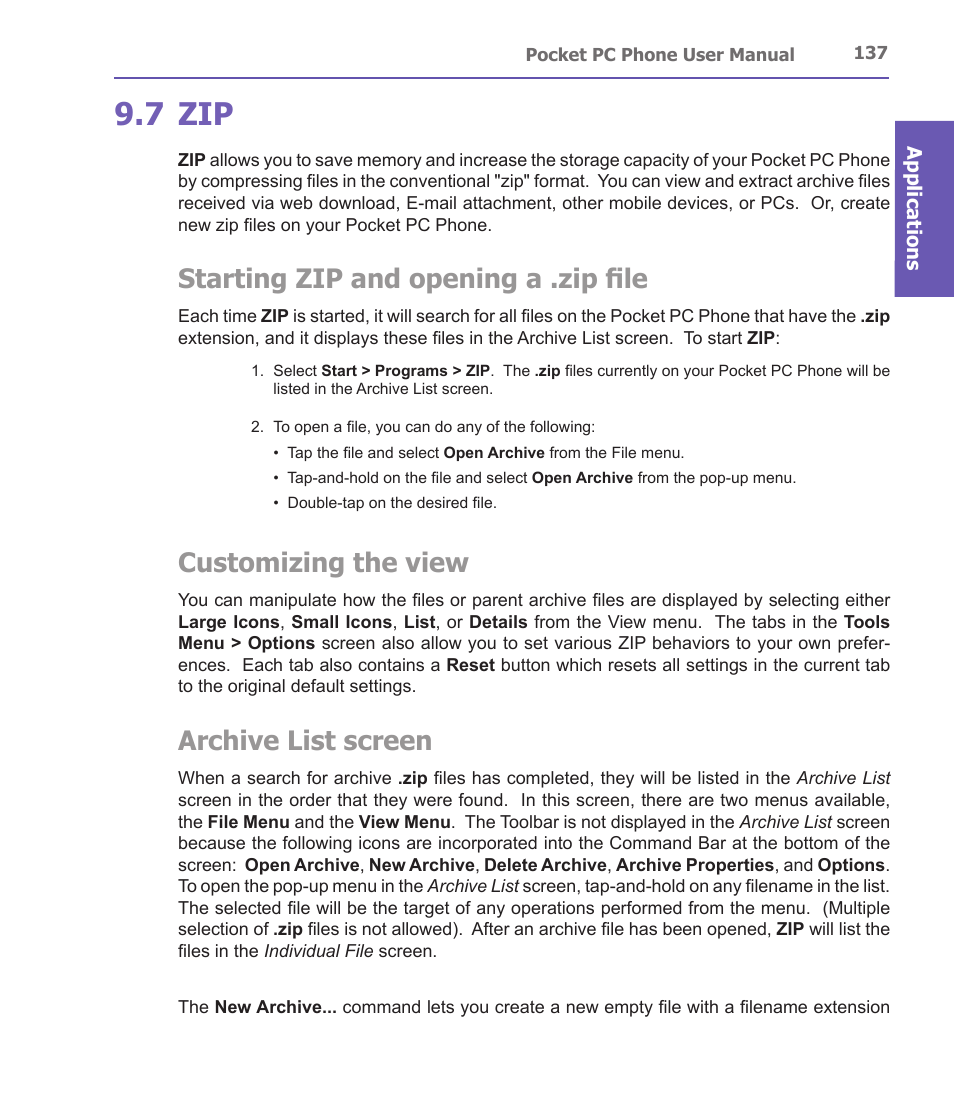 7 zip, Starting zip and opening a .zip file, Customizing the view | Archive list screen | i-mate PDA2 User Manual | Page 137 / 177