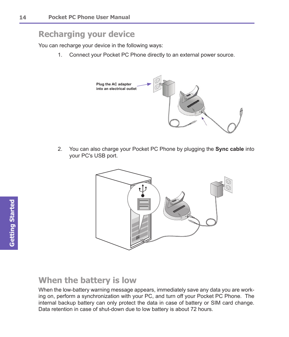 Recharging your device, When the battery is low | i-mate PDA2 User Manual | Page 14 / 177