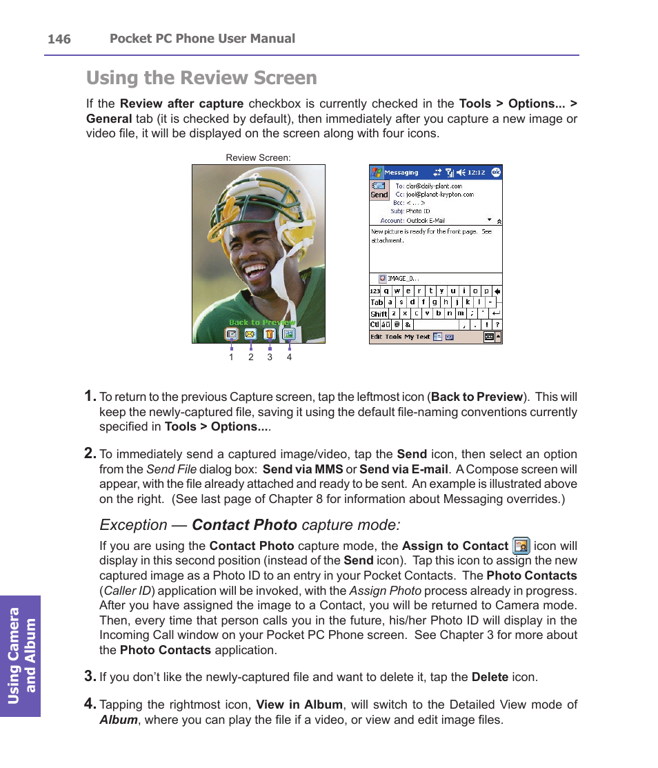 Using the review screen, Exception — contact photo capture mode | i-mate PDA2 User Manual | Page 146 / 177