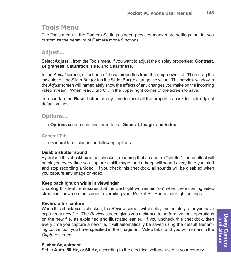 Tools menu, Adjust, Options | i-mate PDA2 User Manual | Page 149 / 177