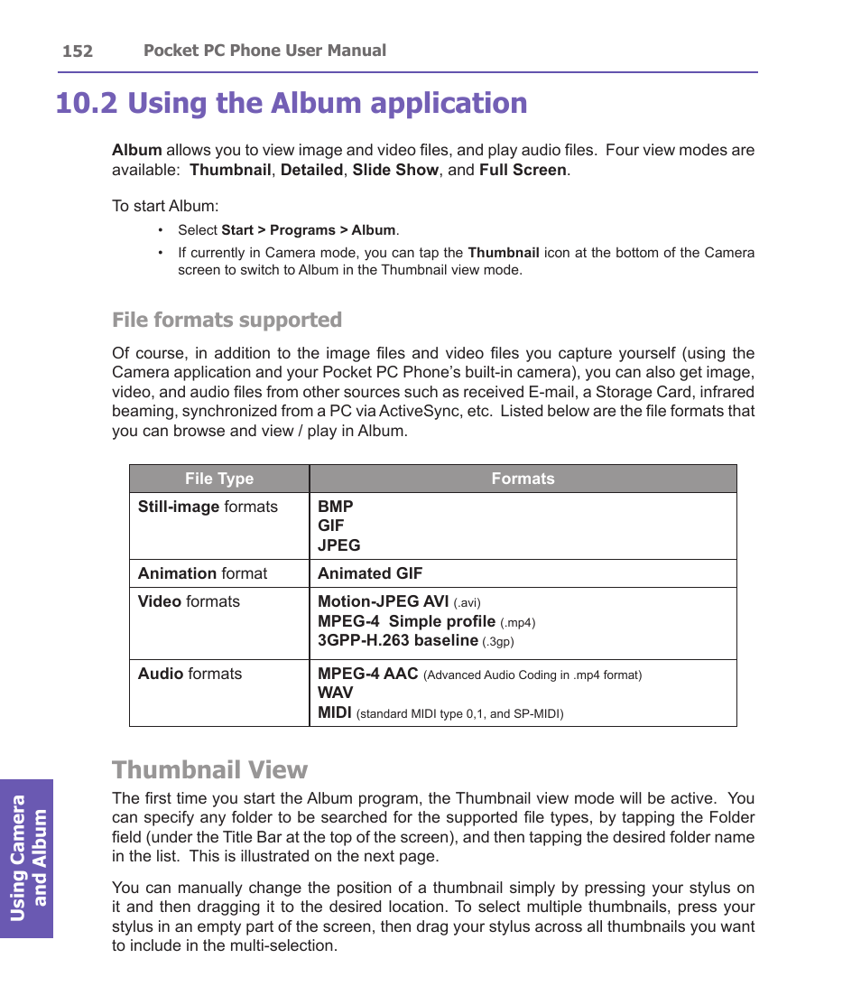 2 using the album application, Thumbnail view, File formats supported | i-mate PDA2 User Manual | Page 152 / 177