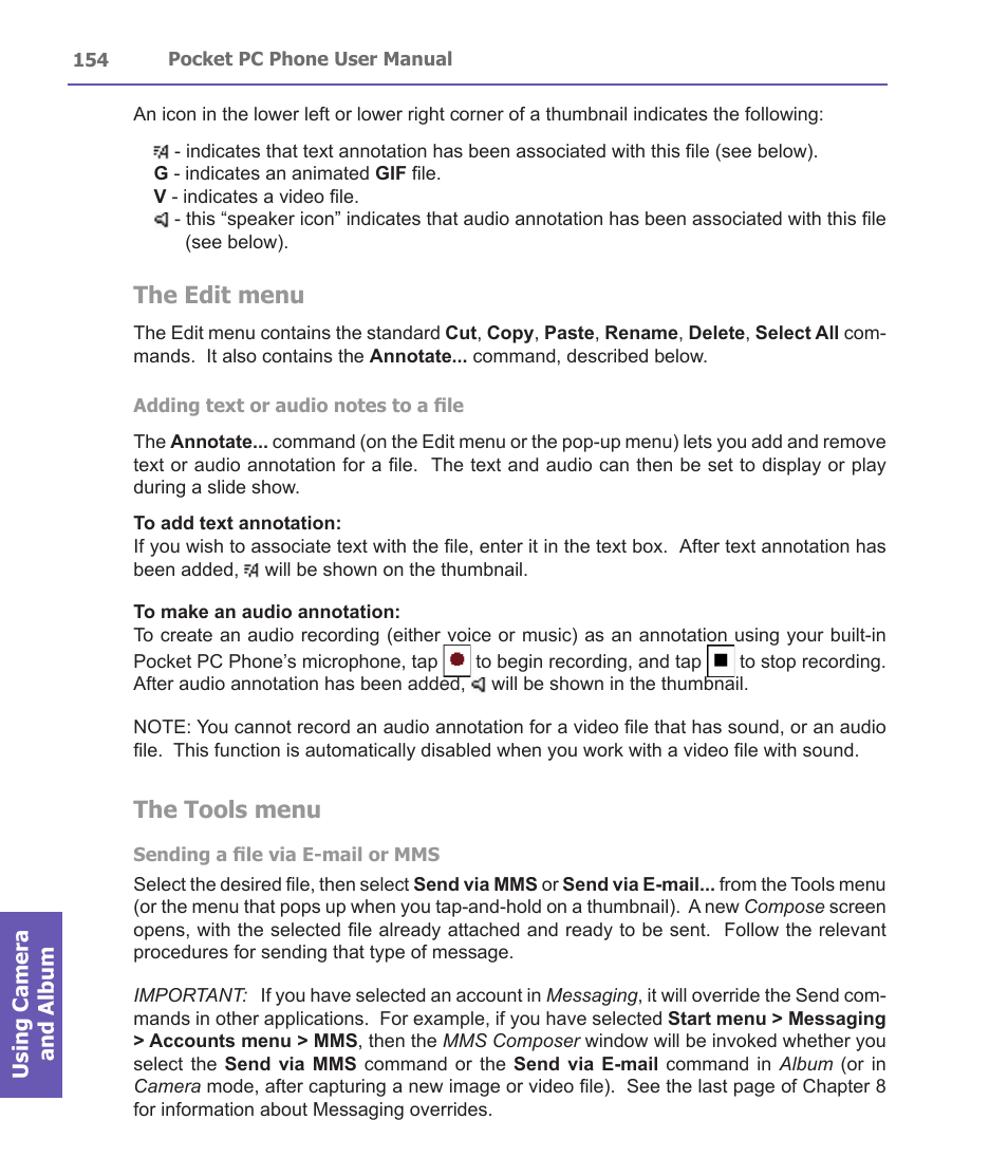 The edit menu, The tools menu | i-mate PDA2 User Manual | Page 154 / 177