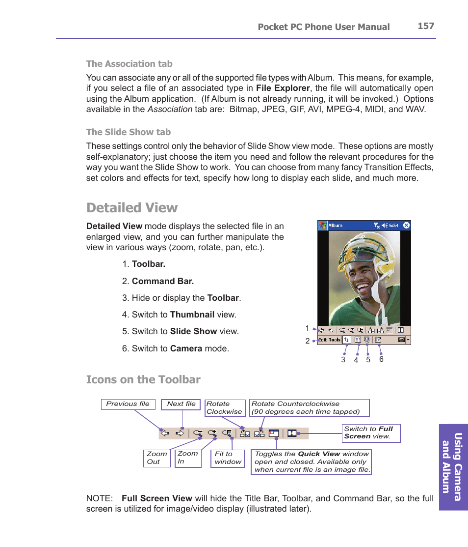 Detailed view, Icons on the toolbar, Using camera and album | i-mate PDA2 User Manual | Page 157 / 177