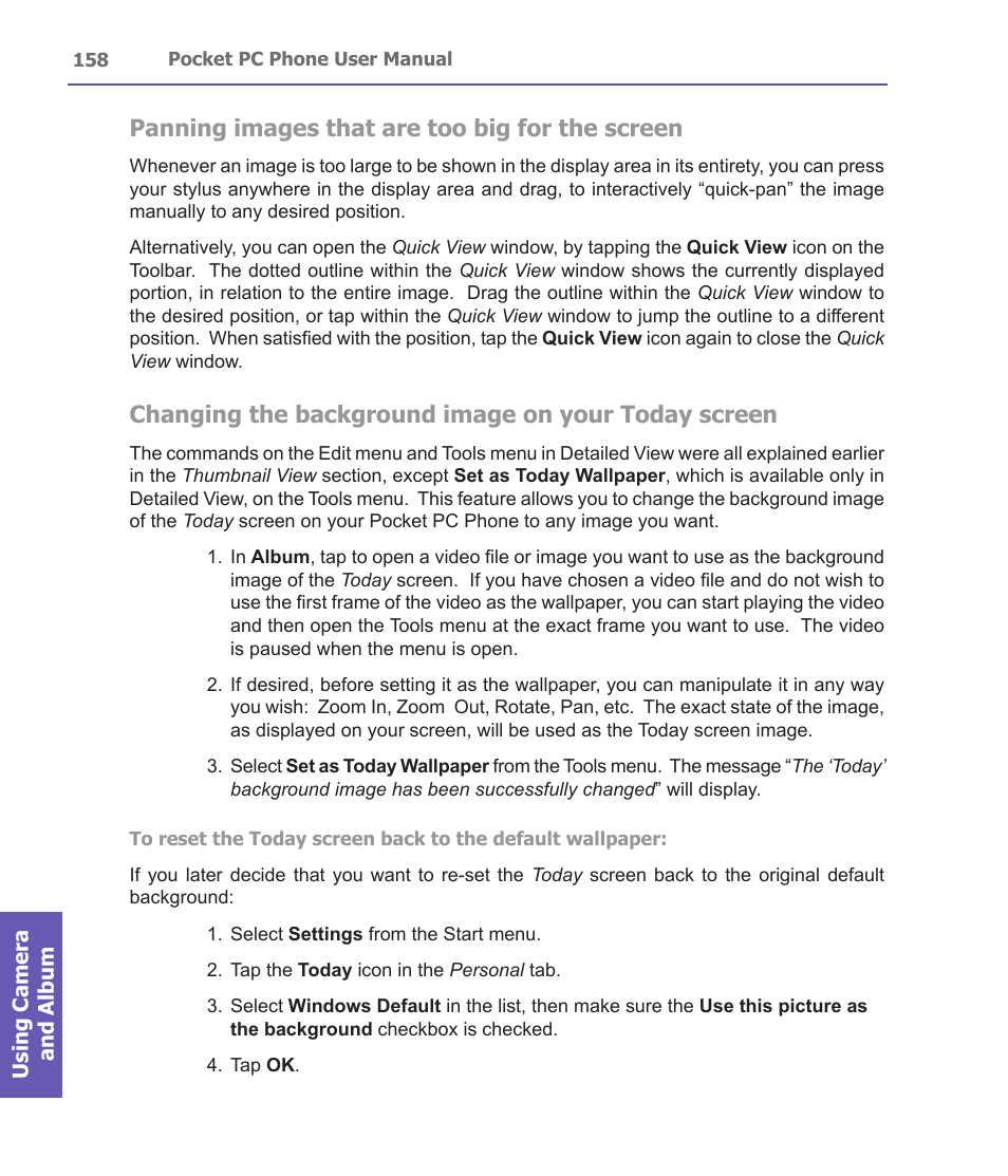Panning images that are too big for the screen, Changing the background image on your today screen | i-mate PDA2 User Manual | Page 158 / 177