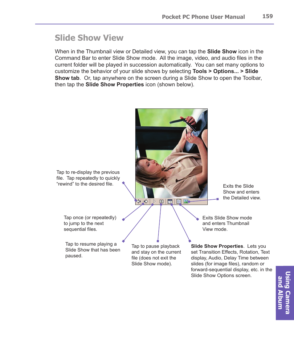 Slide show view, Using camera and album | i-mate PDA2 User Manual | Page 159 / 177