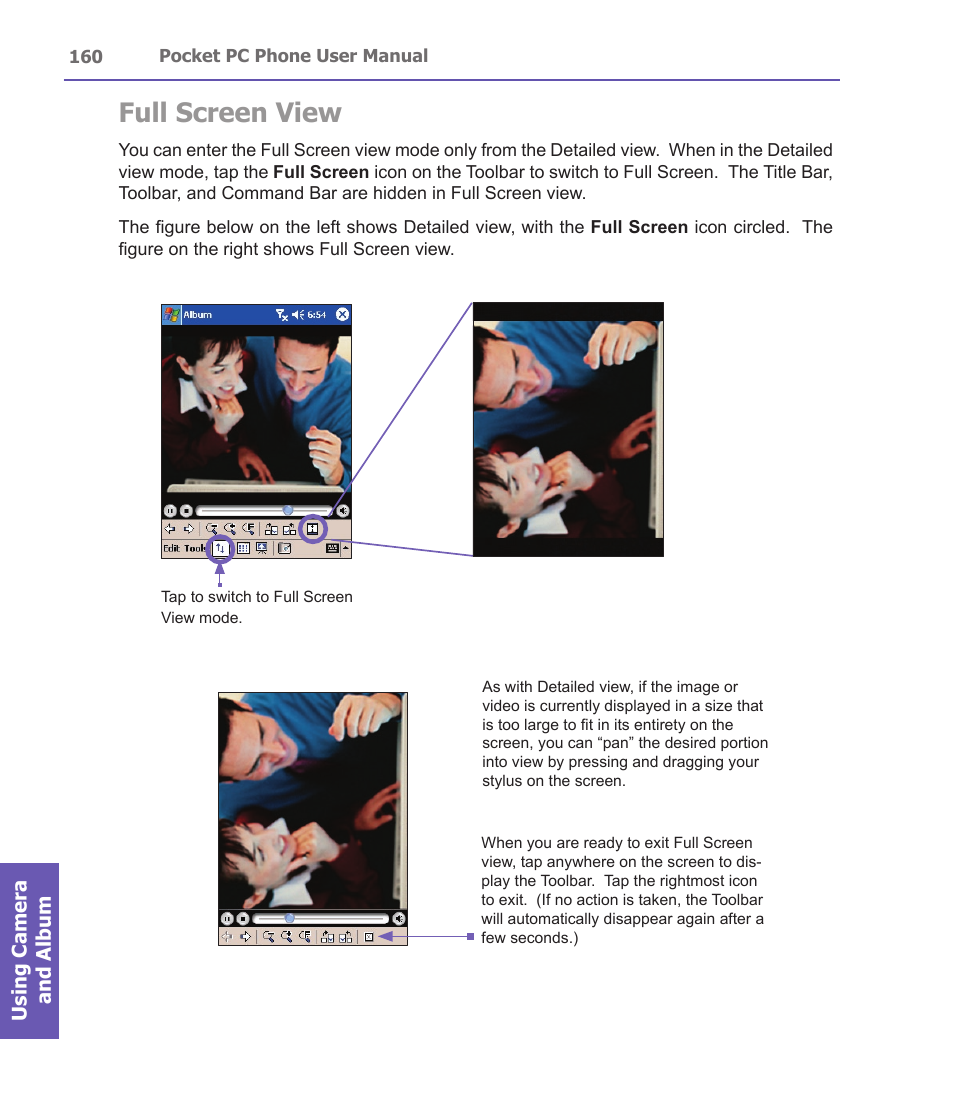 Full screen view, Using camera and album | i-mate PDA2 User Manual | Page 160 / 177