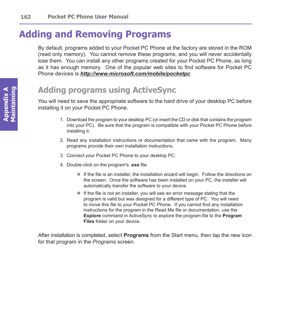 Adding and removing programs, Adding programs using activesync | i-mate PDA2 User Manual | Page 162 / 177