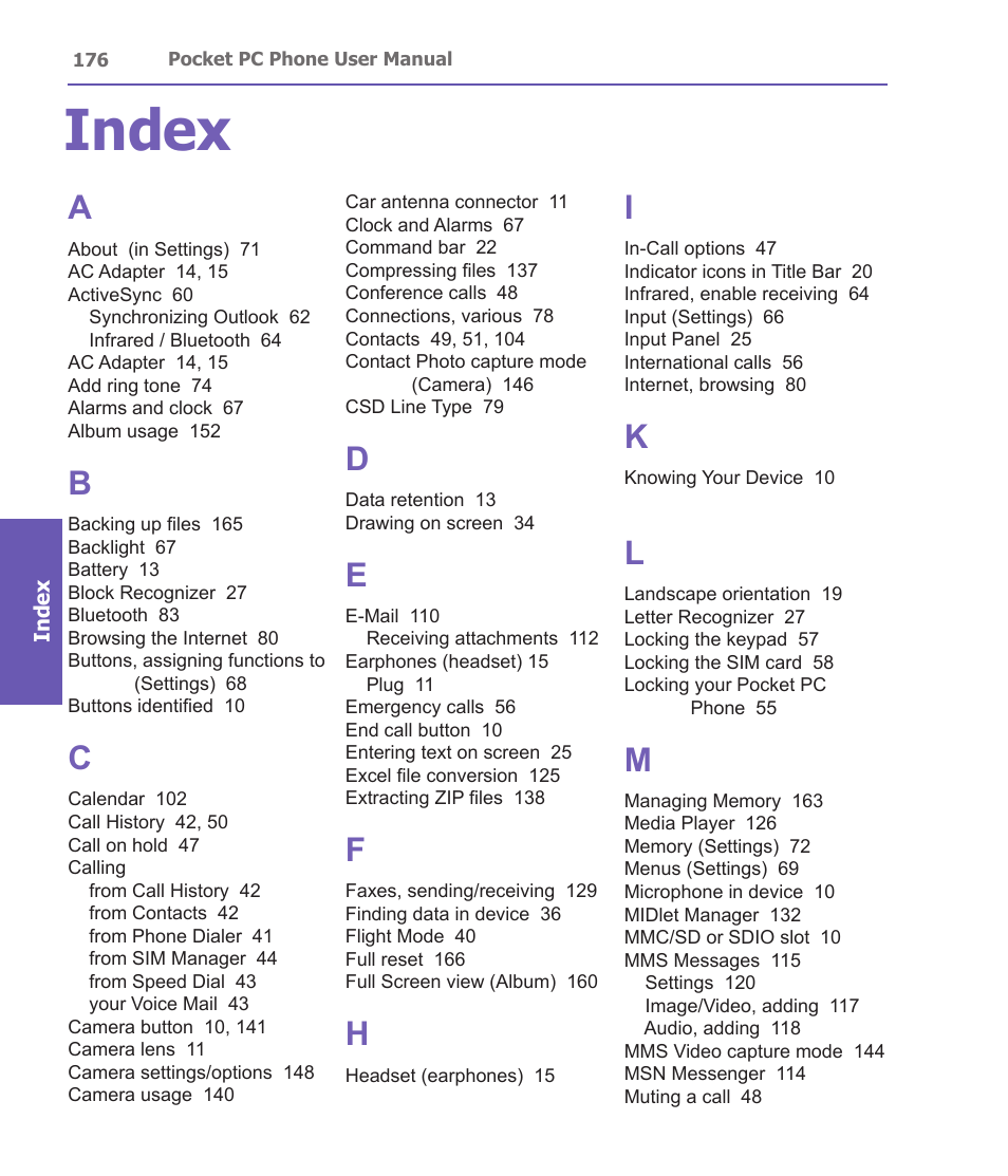 Index | i-mate PDA2 User Manual | Page 176 / 177