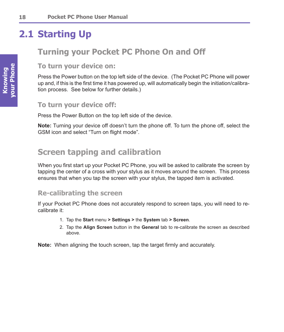1 starting up, Turning your pocket pc phone on and off, Screen tapping and calibration | i-mate PDA2 User Manual | Page 18 / 177