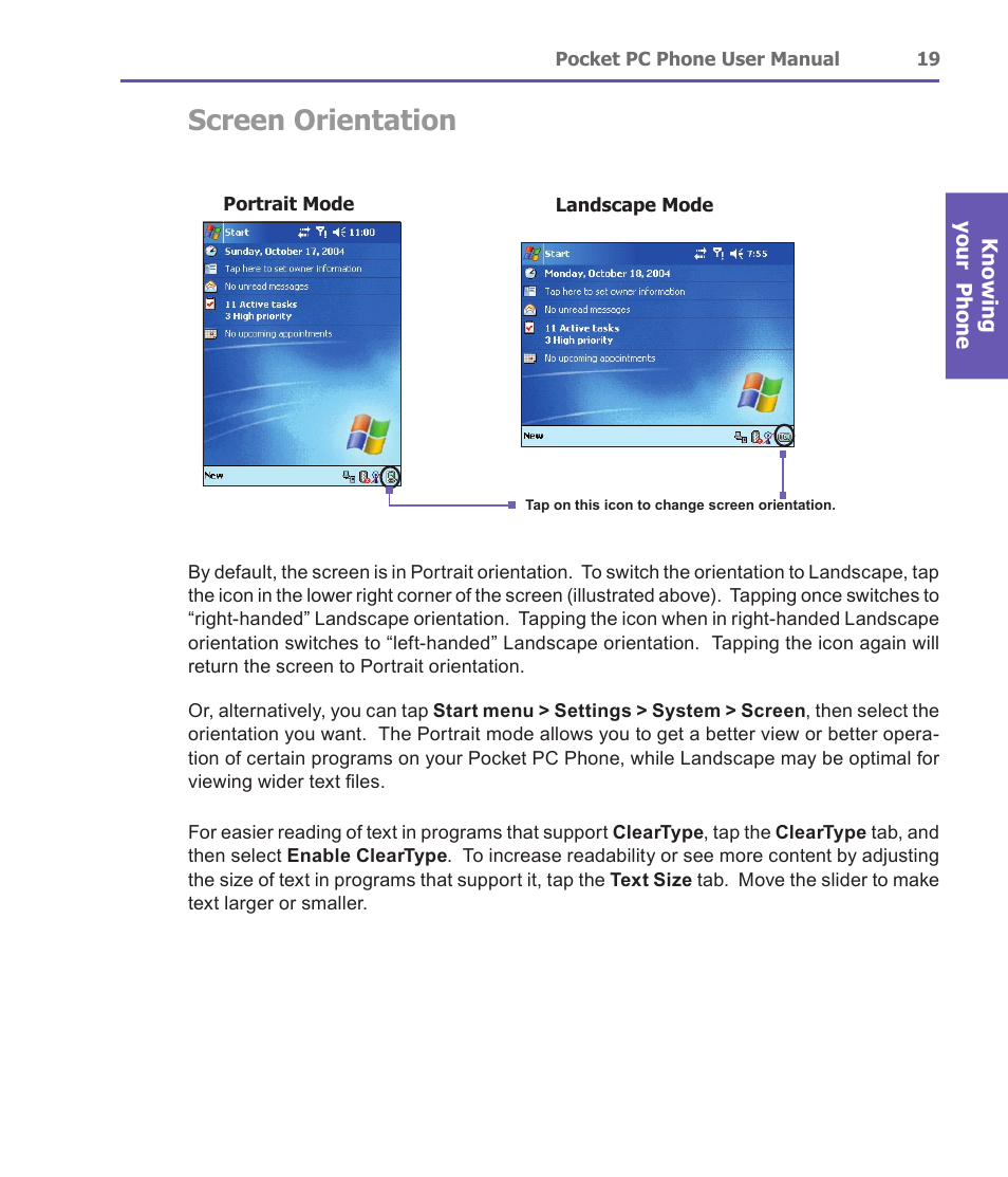 Screen orientation | i-mate PDA2 User Manual | Page 19 / 177