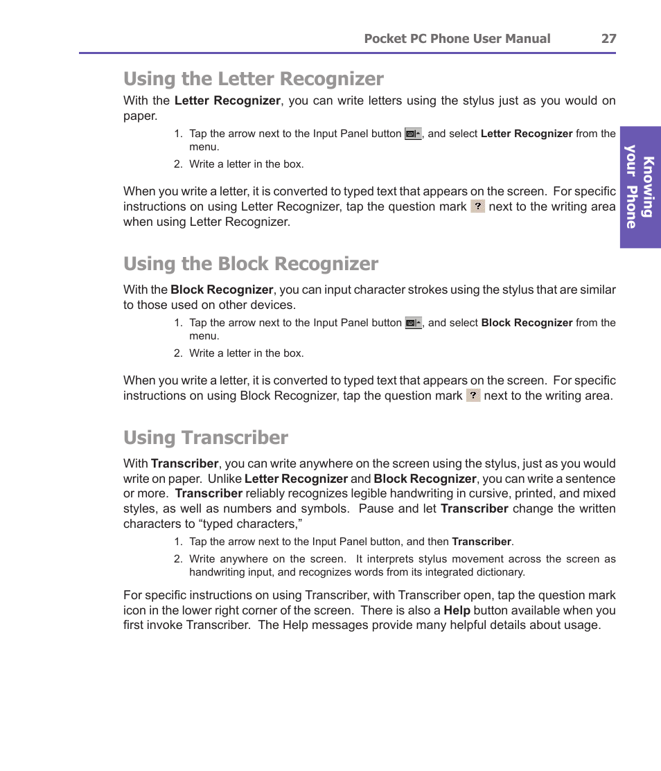 Using the letter recognizer, Using the block recognizer, Using transcriber | i-mate PDA2 User Manual | Page 27 / 177