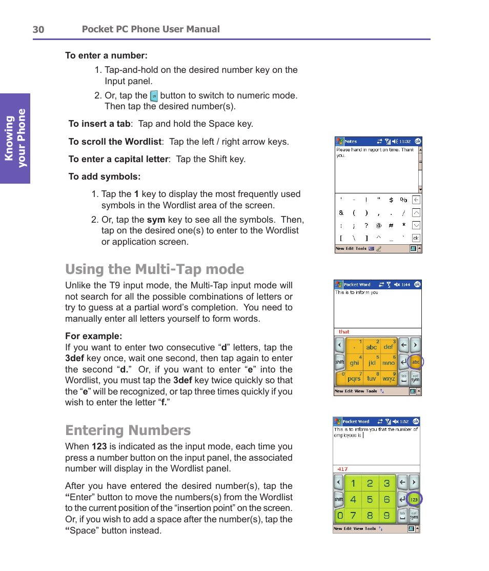 Using the multi-tap mode, Entering numbers | i-mate PDA2 User Manual | Page 30 / 177