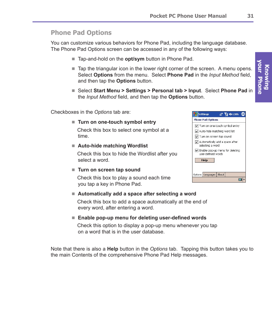 Phone pad options | i-mate PDA2 User Manual | Page 31 / 177