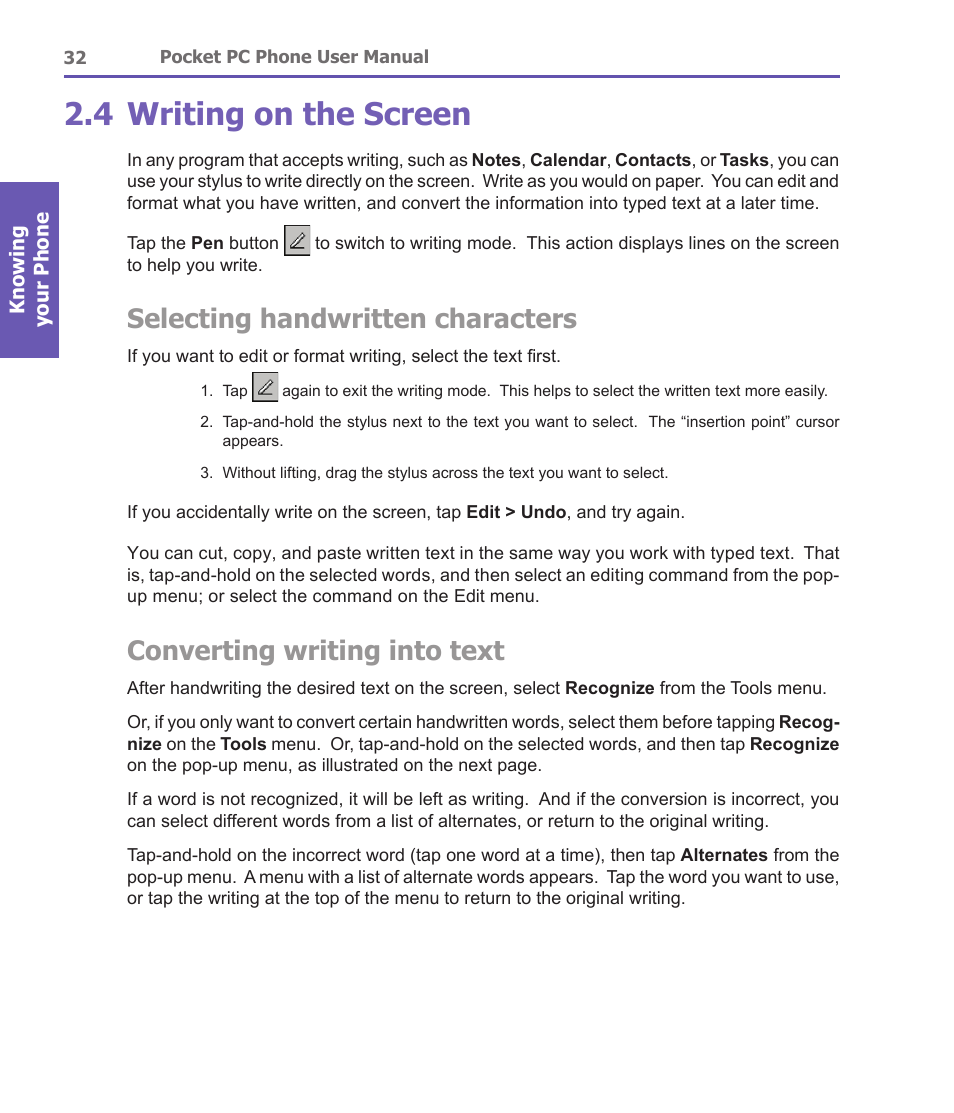 4 writing on the screen, Selecting handwritten characters, Converting writing into text | i-mate PDA2 User Manual | Page 32 / 177