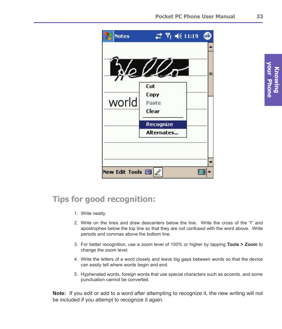 Tips for good recognition | i-mate PDA2 User Manual | Page 33 / 177