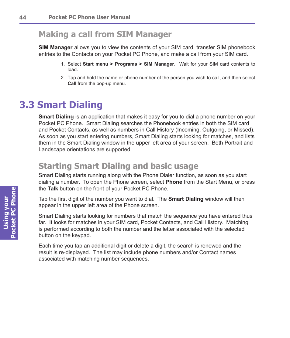 3 smart dialing, Making a call from sim manager, Starting smart dialing and basic usage | i-mate PDA2 User Manual | Page 44 / 177