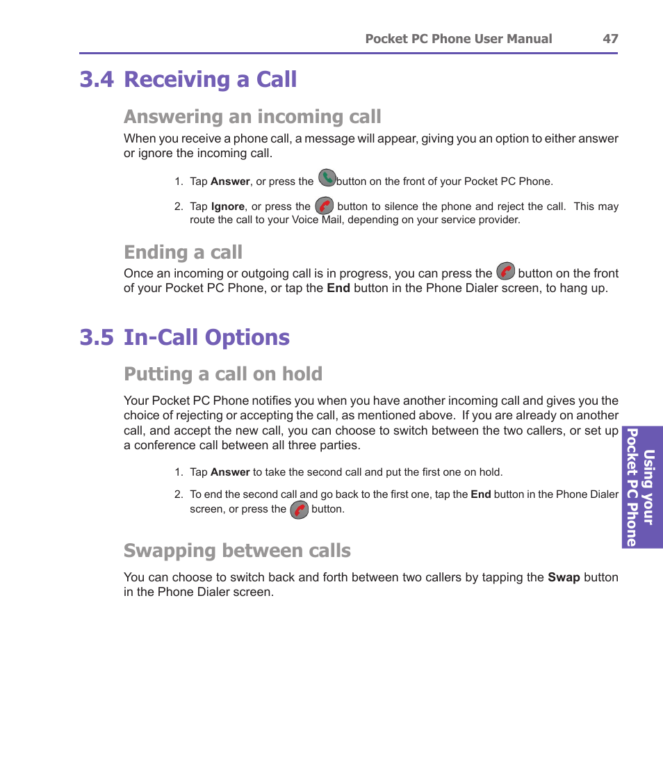 4 receiving a call, 5 in-call options, Answering an incoming call | Ending a call, Putting a call on hold, Swapping between calls | i-mate PDA2 User Manual | Page 47 / 177