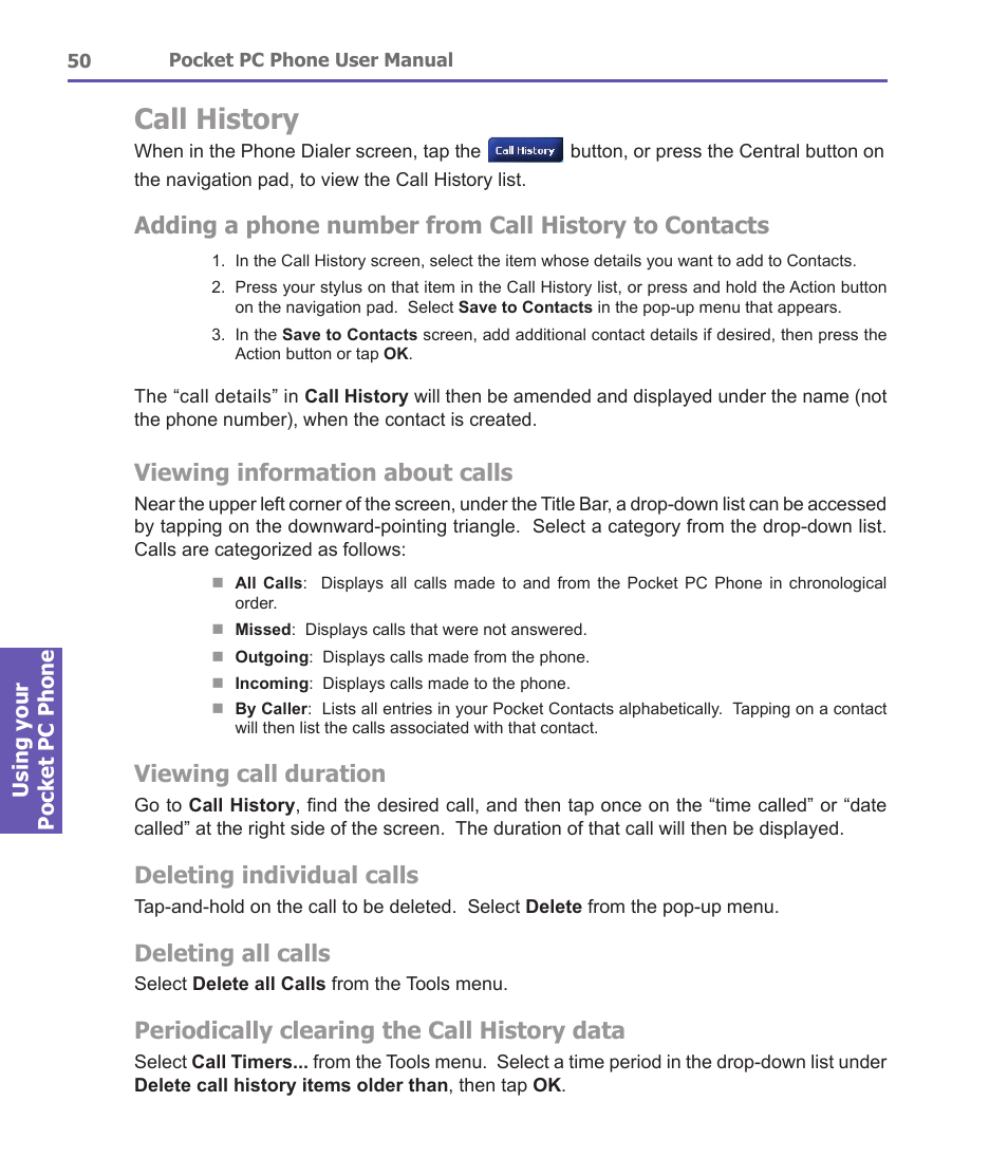 Call history, Viewing information about calls, Viewing call duration | Deleting individual calls, Deleting all calls, Periodically clearing the call history data | i-mate PDA2 User Manual | Page 50 / 177