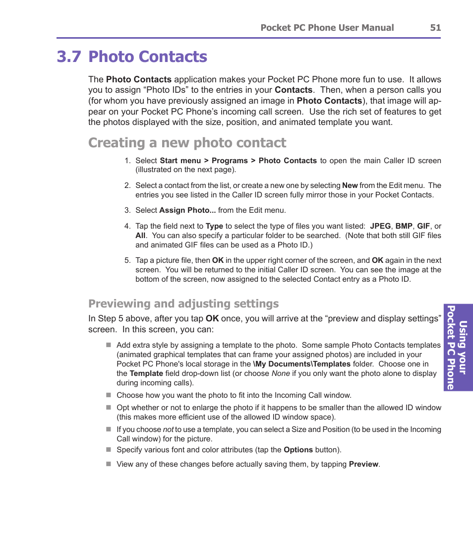 7 photo contacts, Creating a new photo contact, Previewing and adjusting settings | Using your pocket pc phone | i-mate PDA2 User Manual | Page 51 / 177