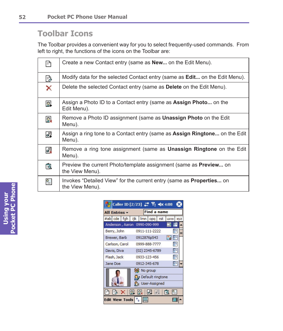 Toolbar icons | i-mate PDA2 User Manual | Page 52 / 177