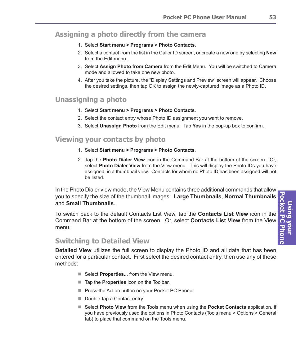 Assigning a photo directly from the camera, Unassigning a photo, Viewing your contacts by photo | Switching to detailed view, Using your pocket pc phone | i-mate PDA2 User Manual | Page 53 / 177