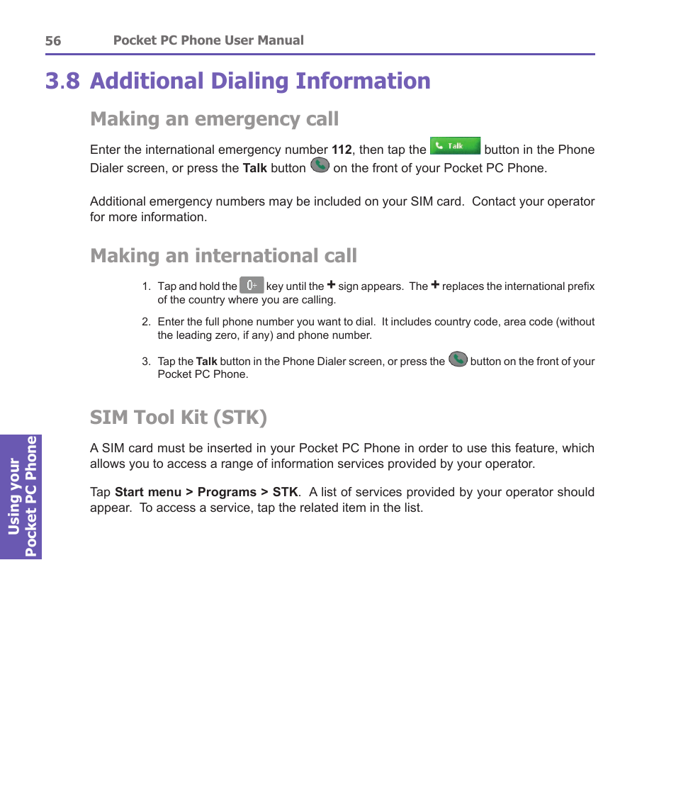 3 . 8 additional dialing information, Making an emergency call, Making an international call | Sim tool kit (stk) | i-mate PDA2 User Manual | Page 56 / 177