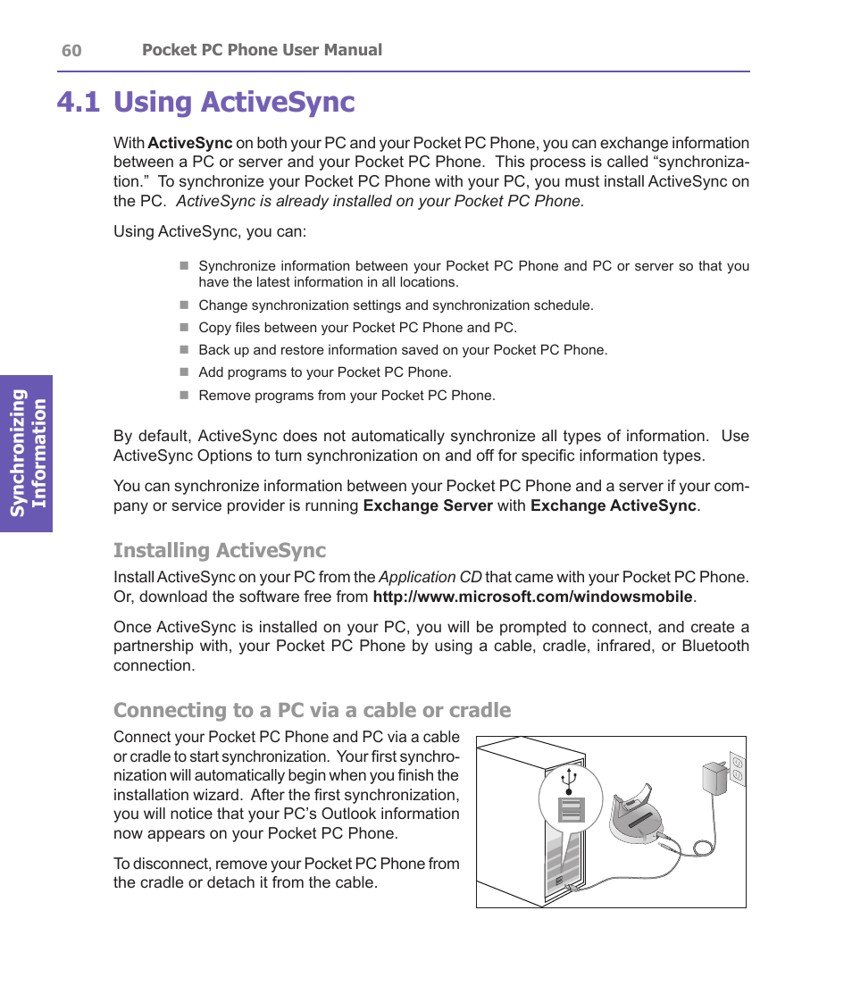 1 using activesync, Installing activesync, Connecting to a pc via a cable or cradle | i-mate PDA2 User Manual | Page 60 / 177