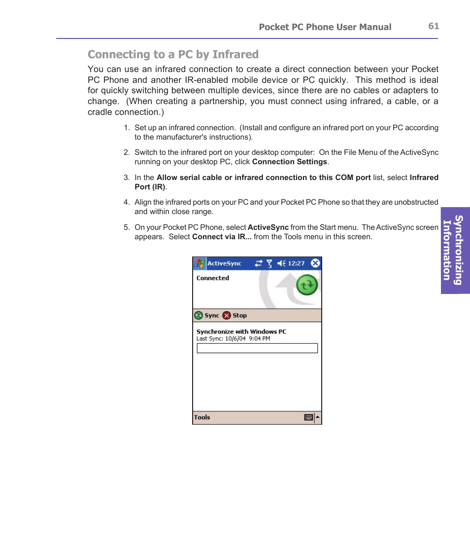 Connecting to a pc by infrared, Synchronizing information | i-mate PDA2 User Manual | Page 61 / 177