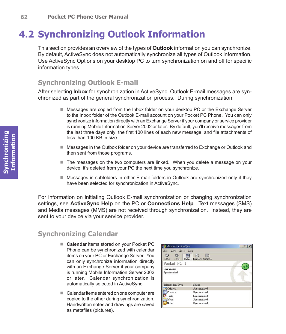 2 synchronizing outlook information, Synchronizing outlook e-mail, Synchronizing calendar | Synchronizing information | i-mate PDA2 User Manual | Page 62 / 177