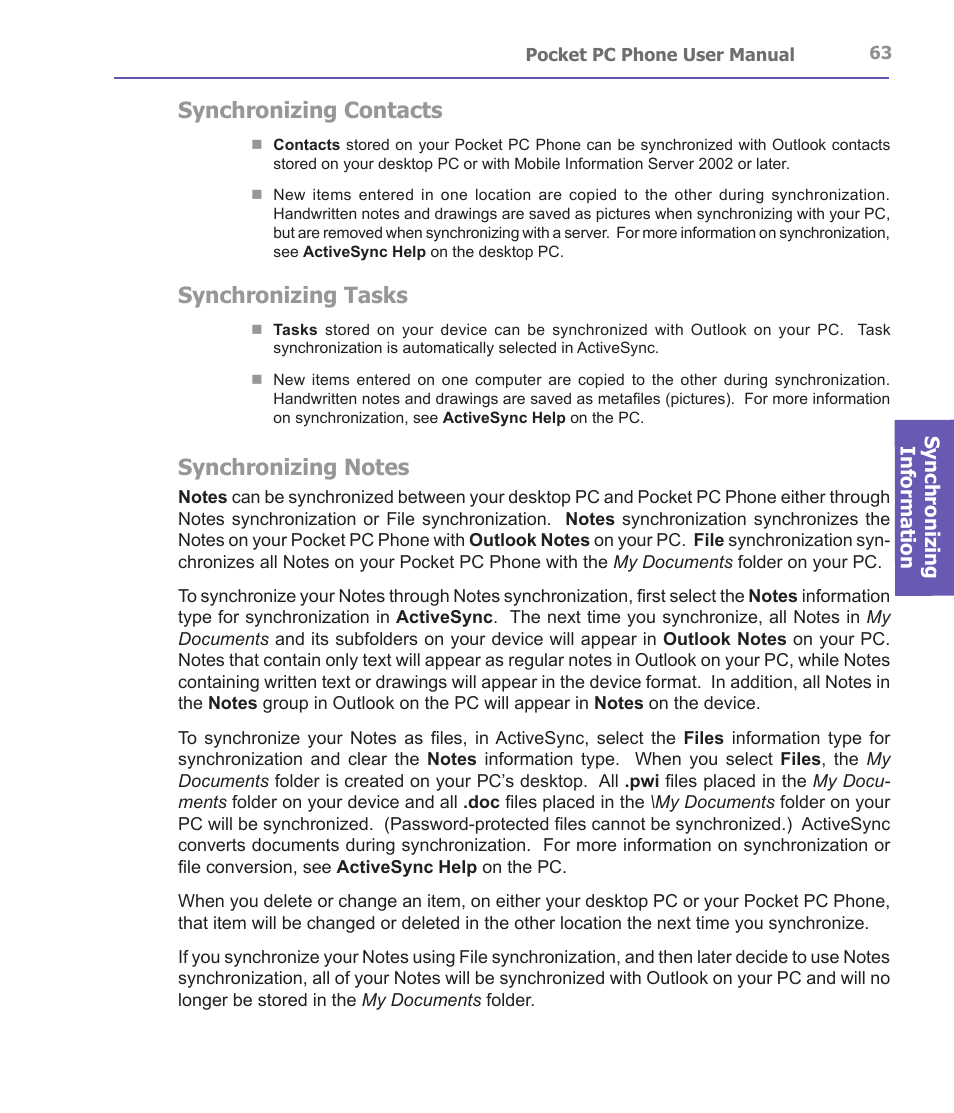 Synchronizing contacts, Synchronizing tasks | i-mate PDA2 User Manual | Page 63 / 177