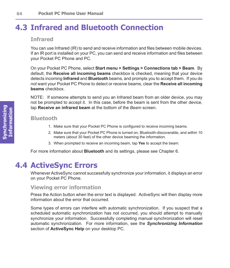 3 infrared and bluetooth connection, 4 activesync errors, Infrared | Bluetooth, Viewing error information | i-mate PDA2 User Manual | Page 64 / 177