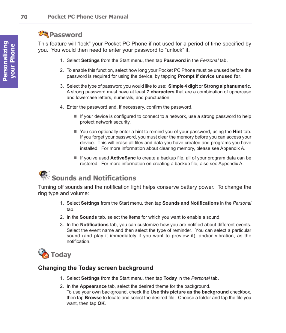 Password, Sounds and notifications, Today | Personalizing your phone, Changing the today screen background | i-mate PDA2 User Manual | Page 70 / 177