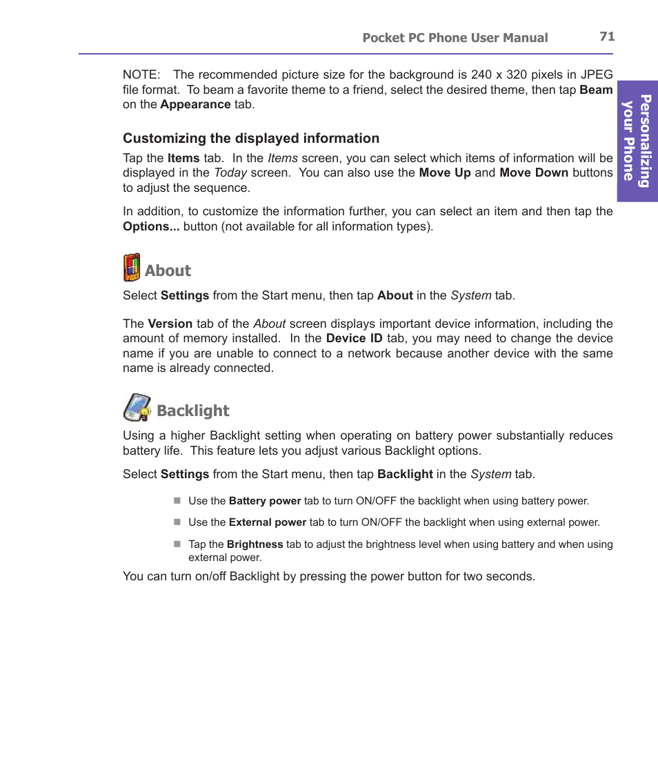 About, Backlight | i-mate PDA2 User Manual | Page 71 / 177