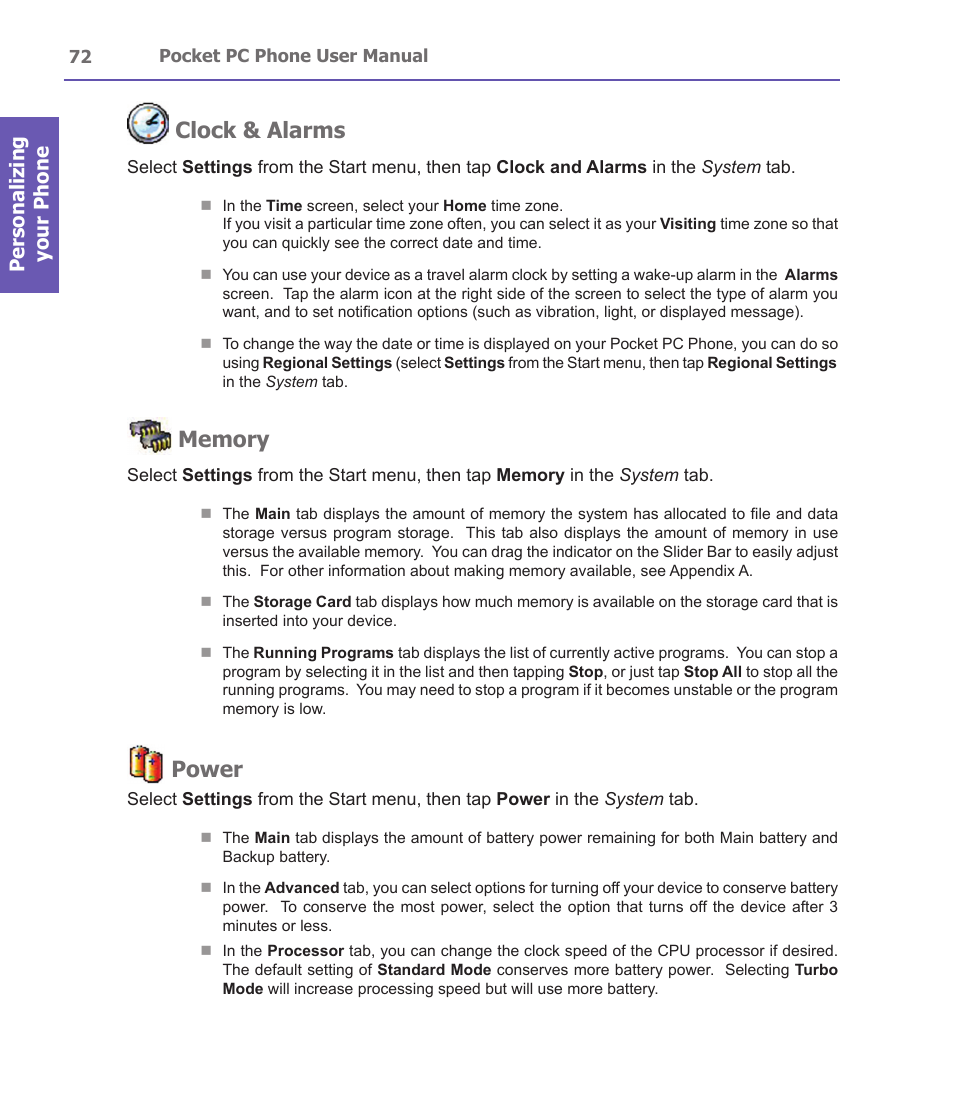 Clock & alarms, Power, Personalizing your phone | i-mate PDA2 User Manual | Page 72 / 177