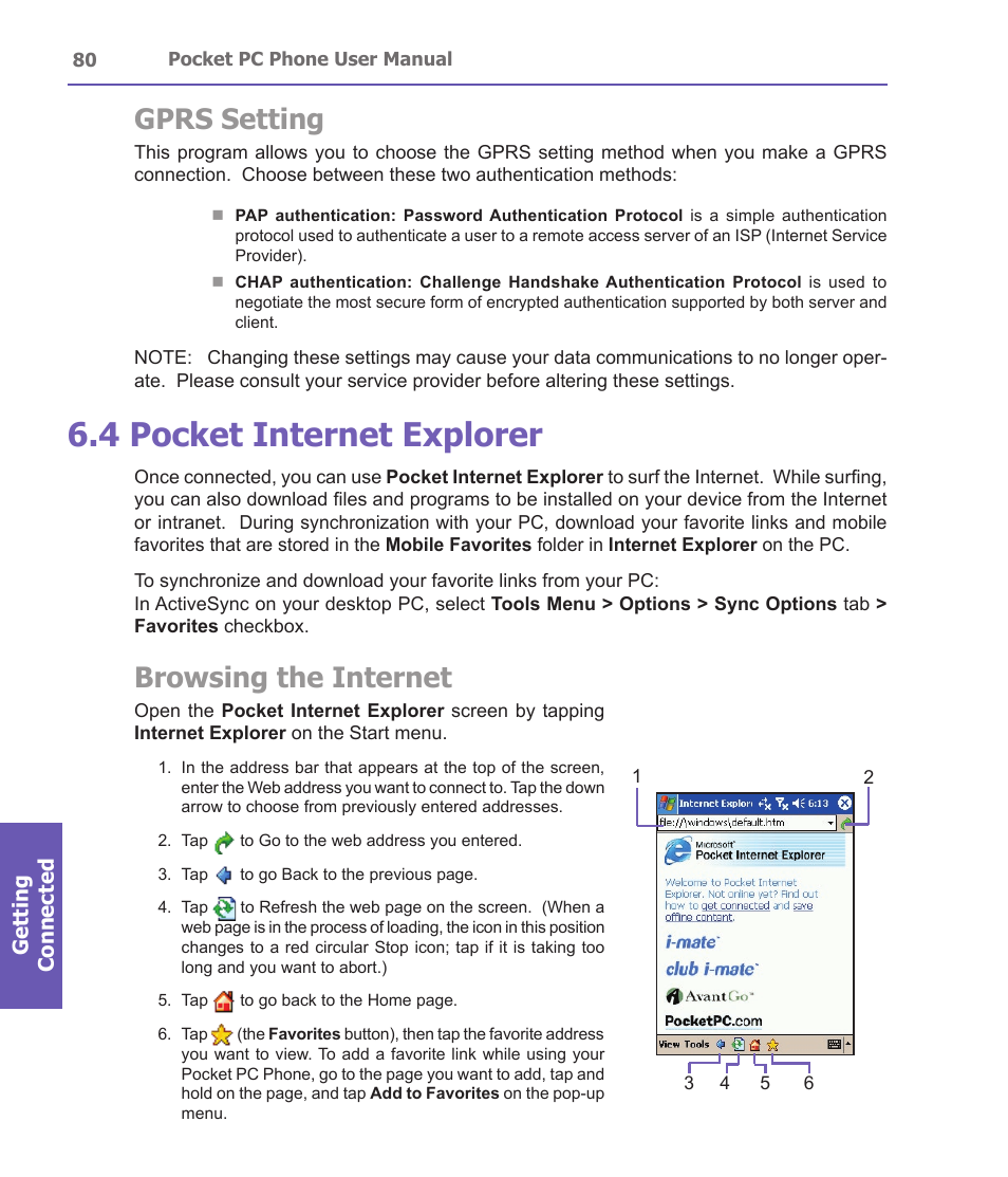4 pocket internet explorer, Gprs setting, Browsing the internet | i-mate PDA2 User Manual | Page 80 / 177