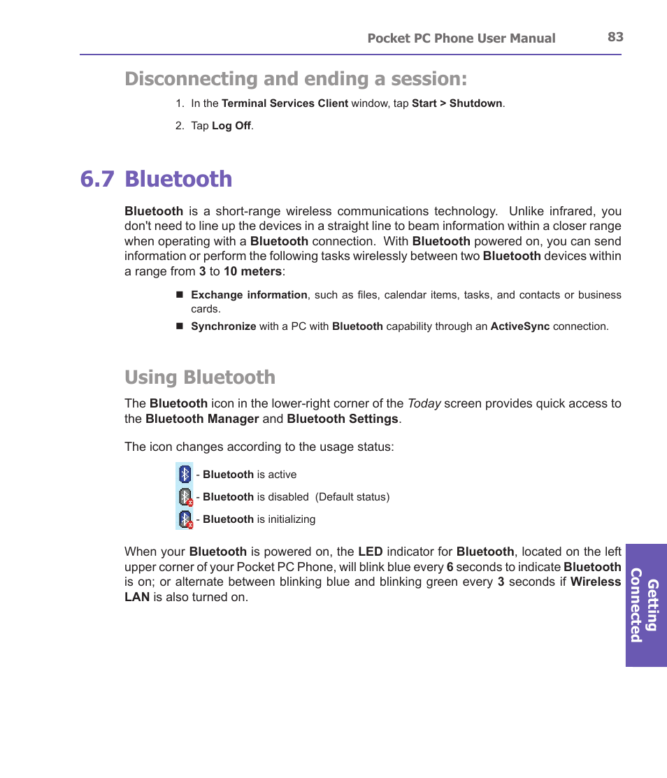 7 bluetooth, Disconnecting and ending a session, Using bluetooth | i-mate PDA2 User Manual | Page 83 / 177